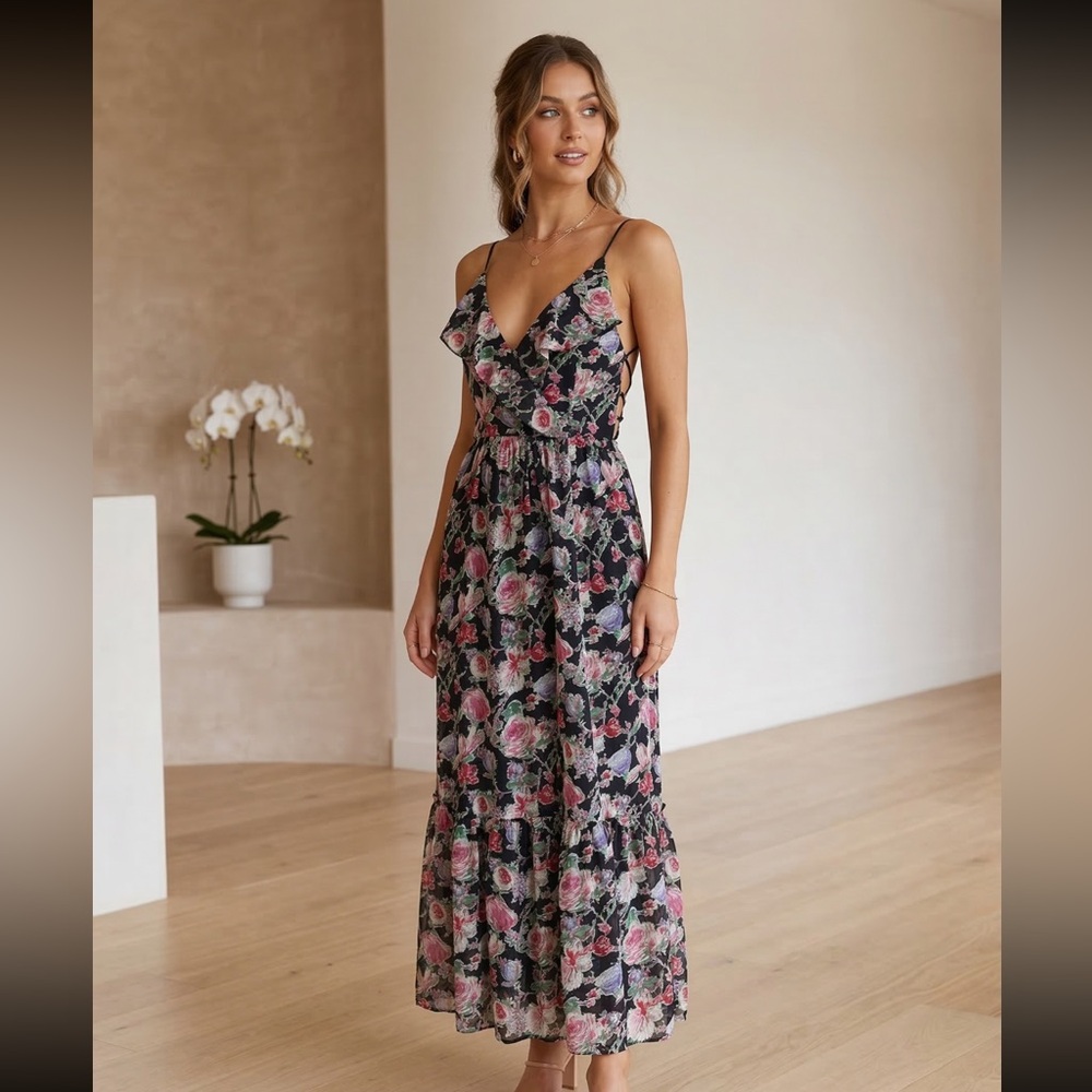 Adelyn Rae Black Maxi Dress with Pink Floral Print
